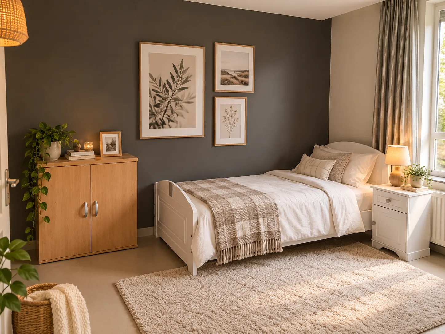 Sfeervol ingerichte studentenkamer met een bed, houten kast en warme verlichting